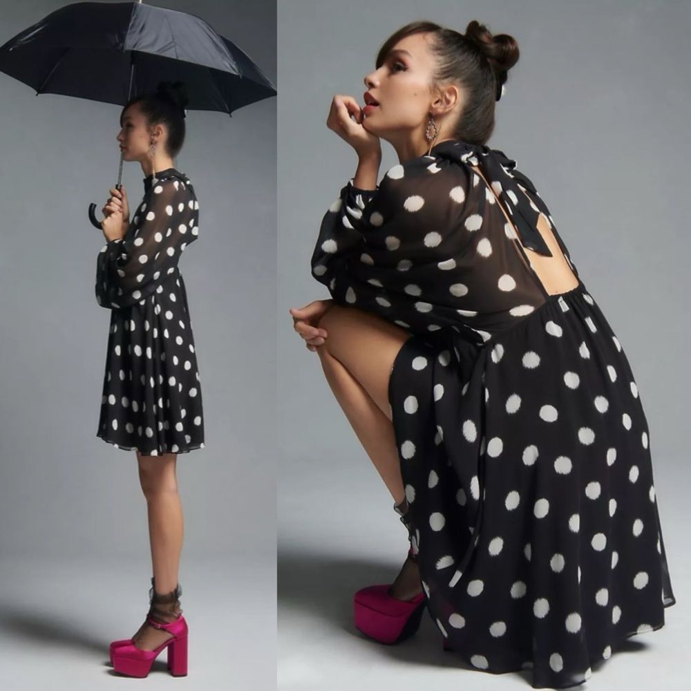 NWT Anthropologie Maeve Long-Sleeve Sheer Mini Dress Polka Dot